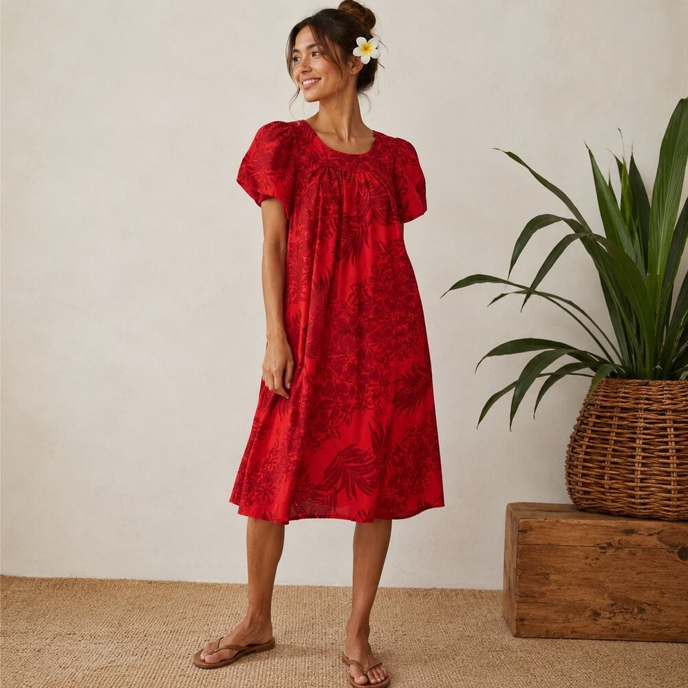 Vintage 70s/80s Blue Hawaii Red Hawaiian Muumuu Dress Made in Hawaii L